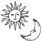 太陽と月の顔のやつの、鉛筆手描きイラストフリー素材